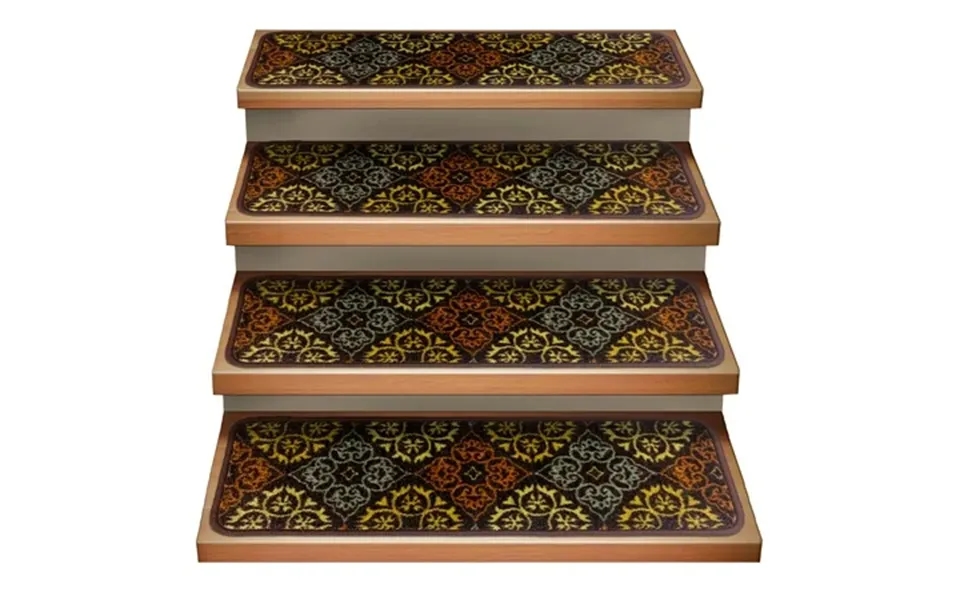 Set Of 15 Attachable Indoor Carpet Stair Treads - Kaleidoscope Bloom Autumn Brown 8 Inches X 26 Inches
