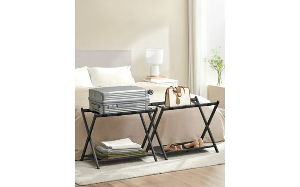 Set Of 2 Luggage Rack With Fabric Storage Shelf Folding Suitcase Stand For Guest Room Bedroom Black