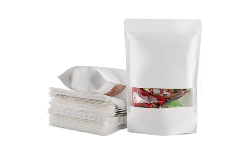 Set Of 50 Reusable Kraft Paper Bags White Food Packaging Bags Zip Lock Snacks Storage Bags With Clear Window Sealable An