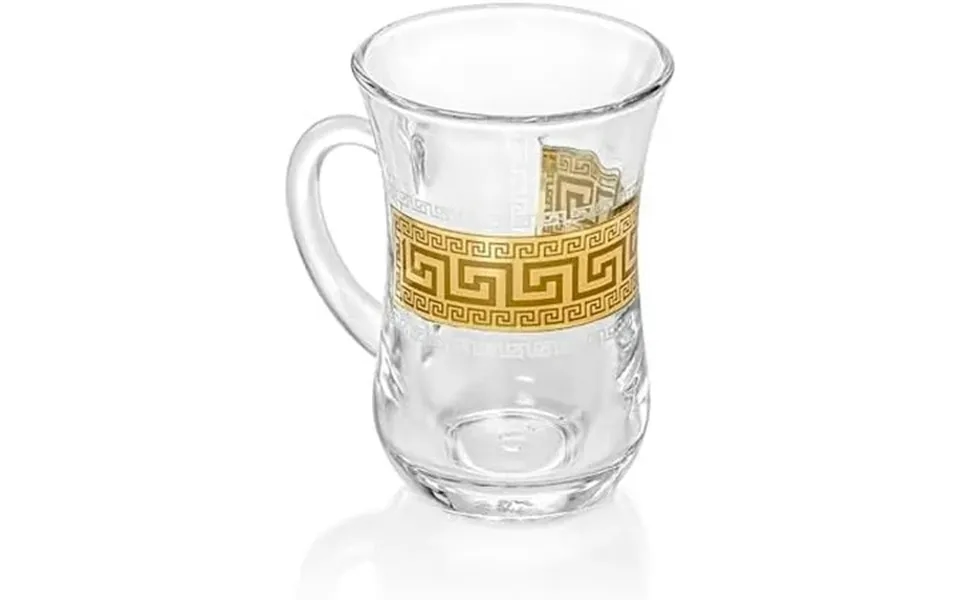 Set Of 6 Decorated Clear Glass 5 Fl Oz Turkish Tea Cups With Golden Greek Key Pattern And Handle