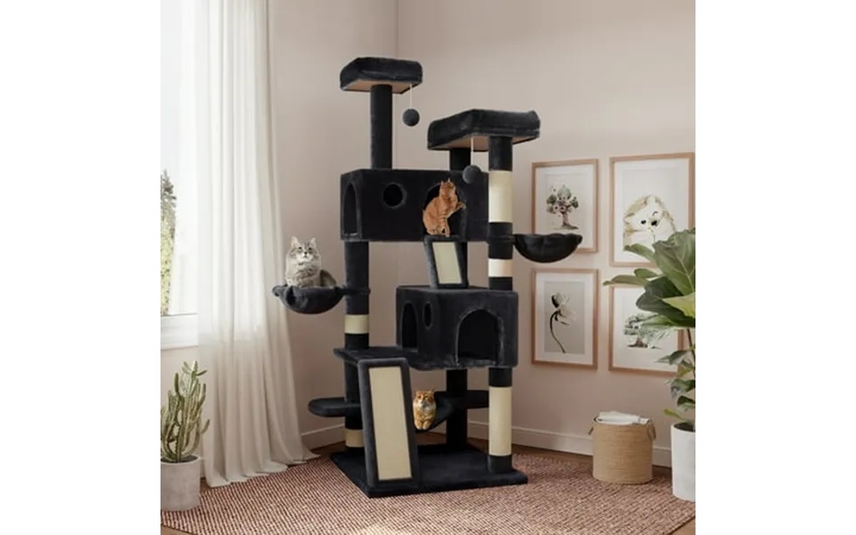 Sha Cerlin 65.7 Large Cat Tree Tower Condo For Cats With 2 Scratching Ramps Hammock & Scratching Posts Dark Blue