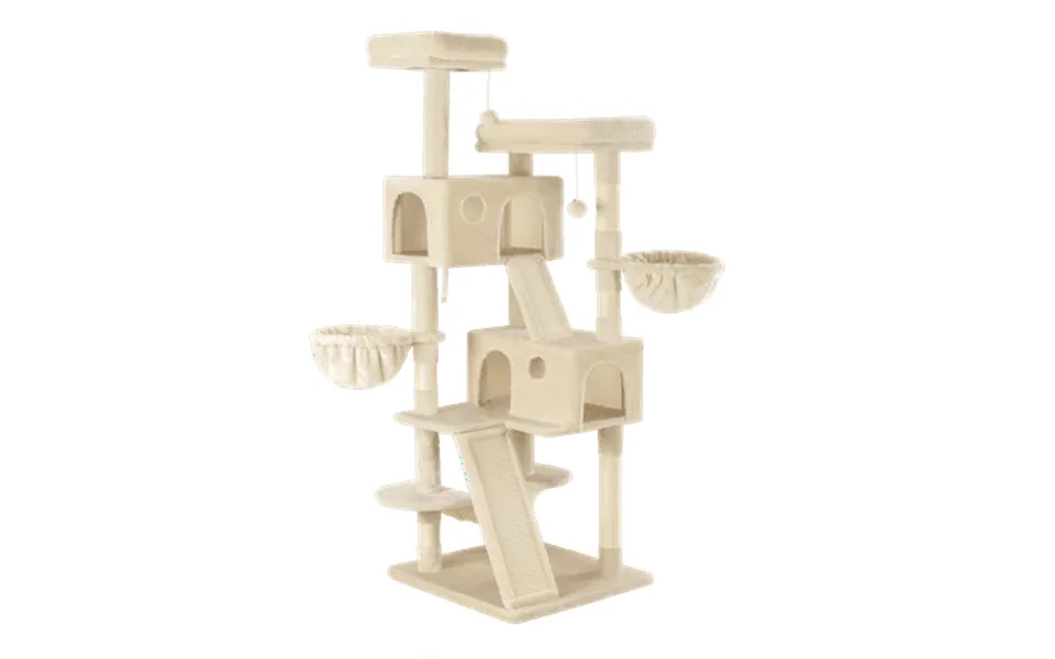 Sifurni 65.7 Large Cat Tree Tower Condo House For Cats With 2 Scratching Ramps Hammock & Scratching Post Beige