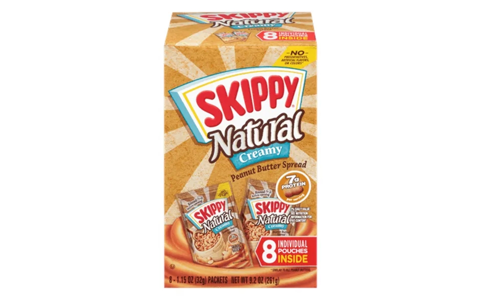Skippy Natural Creamy Peanut Butter Spread Individual Squeeze Packs 8 Pouches Shelf-stable Gluten-free 9