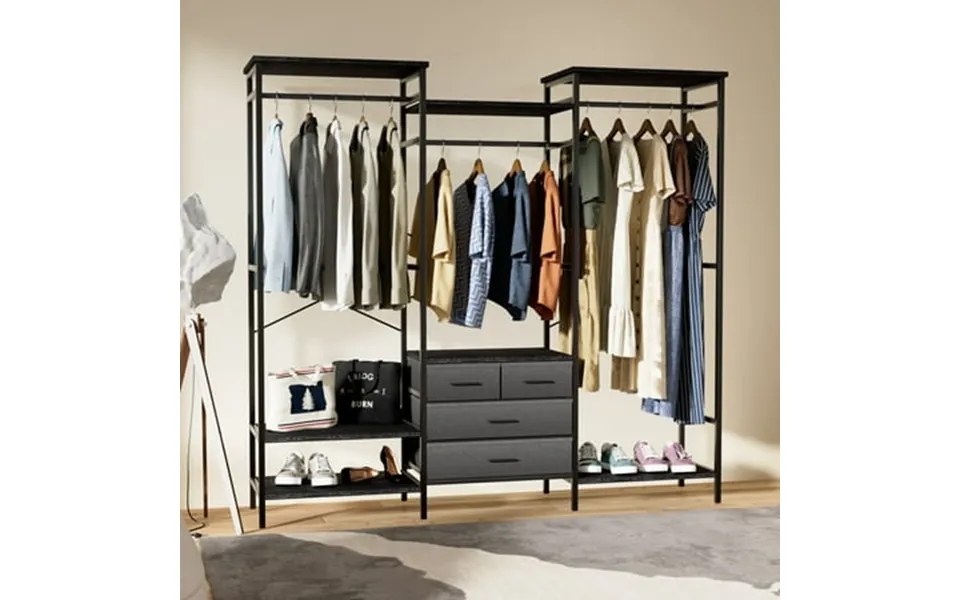 Skok Open 3 Clothes Rack Wardrobe Closet With Metal Frame And Wood Top 4 Drawers For Living Room Bedroom Black