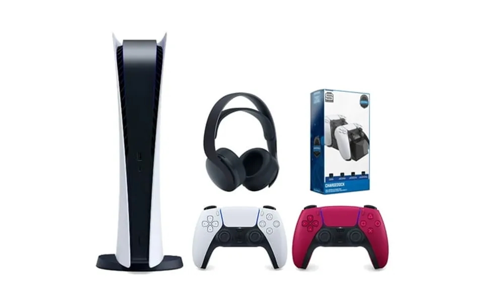 Sony Playstation 5 Digital Edition Console With Extra Red Controller Black Pulse 3d Headset And Surge Dual Controller Ch