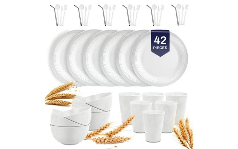 Soulgenix Wheat Straw Dinnerware Sets 42 Pcs Dinnerware Sets For 6 Unbreakable Microwave Safe White