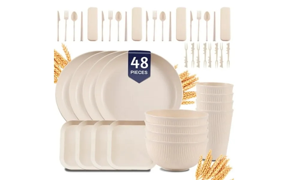 Soulgenix Wheat Straw Dinnerware Sets 48 Pcs Unbreakable Dinnerware Sets For 4 Microwave Dishwasher Safe Beige