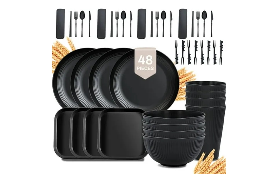 Soulgenix Wheat Straw Dinnerware Sets 48 Pcs Unbreakable Dinnerware Sets For 4 Microwave Dishwasher Safe Black