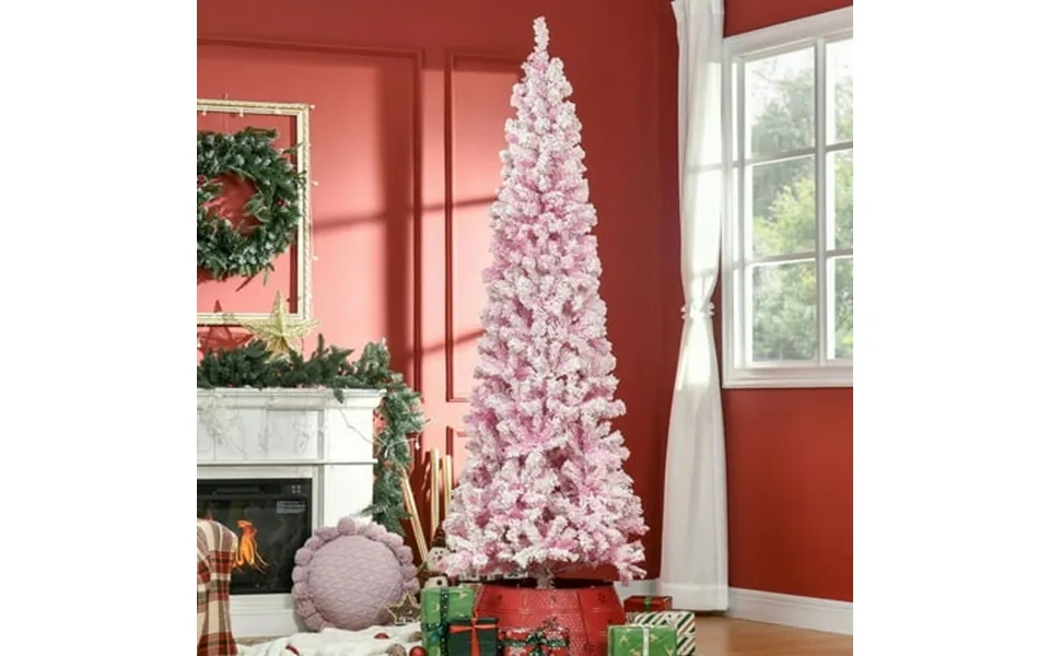 Spaco 7.5 Feet Snow Flocked Artificial Christmas Tree Slim Pencil Xmas Tree With Pine Shape And Realistic Branches Chris