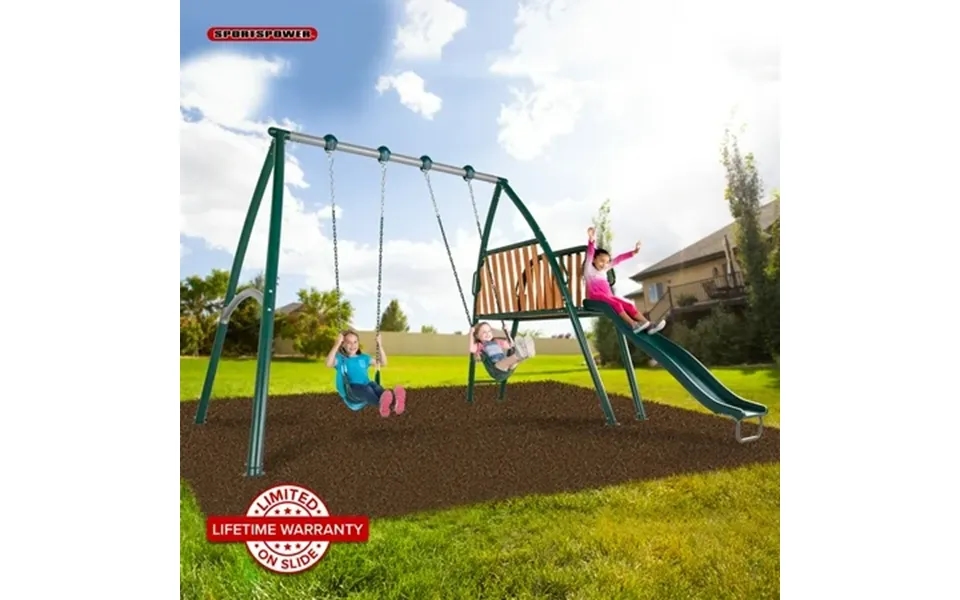 Sportspower Alta Oaks Metal Swing Set For Kids Ages 3-10 2 Belt Swings 6ft Slide & Wooden Play Deck 8