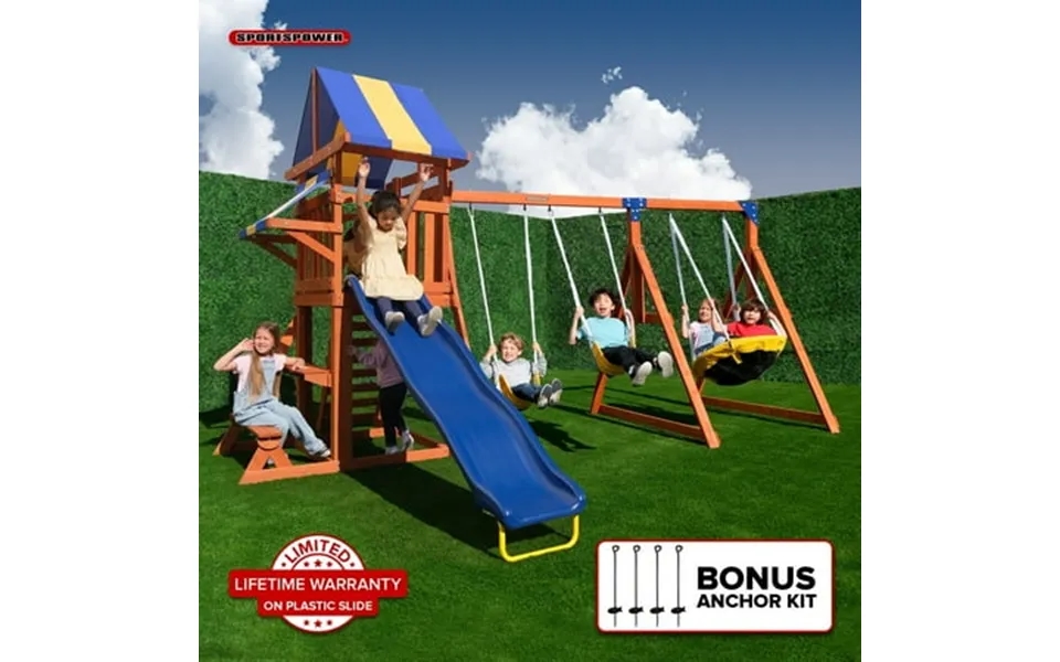 Sportspower Willow Creek Wooden Swing Set With Saucer Swing Play Fort Bench With Table Sandbox Slide With Lifetime Warra
