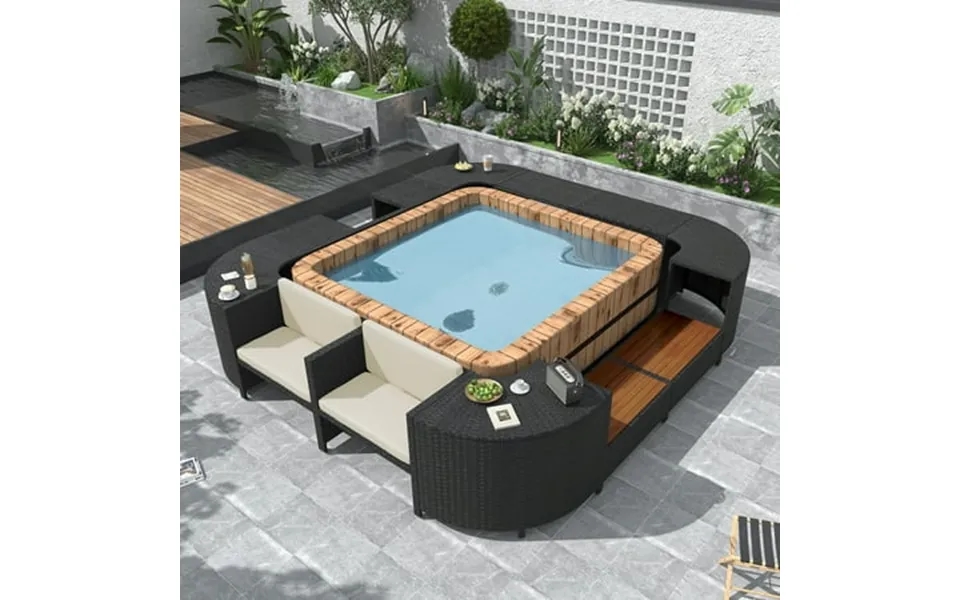 Square Hot Tub Surround Furniture Spa Surround Outdoor Rattan Sectional Sofa Set With Mini Sofa Solid Acacia Wood Hot Tu