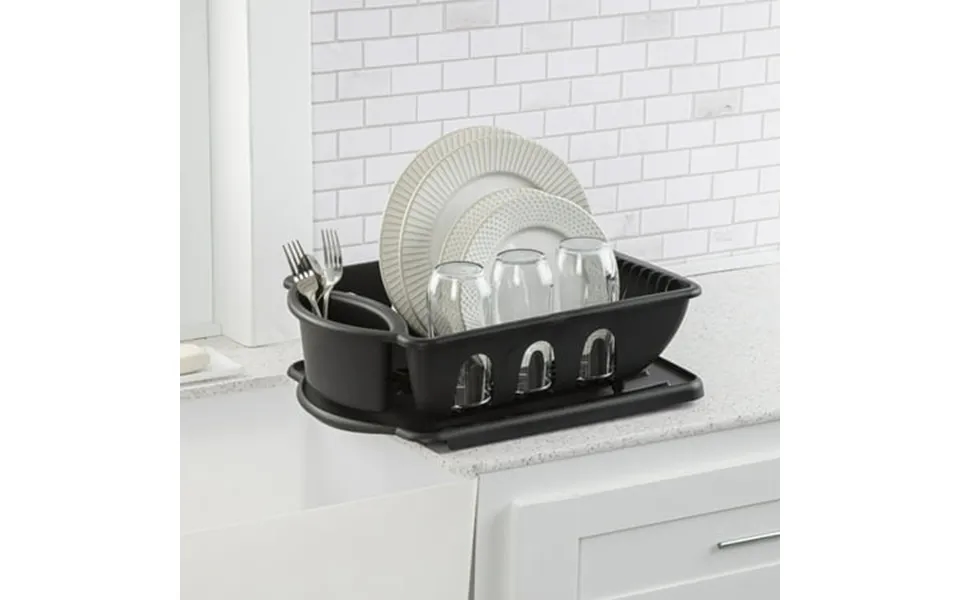 Sterilite 2 Piece Sink Set Dish Drainer And Drainboard For Plates Cups And Flatware Black