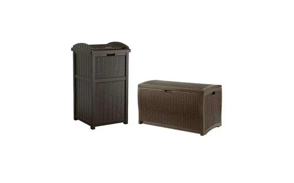 Suncast 33 Gal Hideaway Outdoor Trash Can And 73 Gal Waterproof Outdoor Deck Box