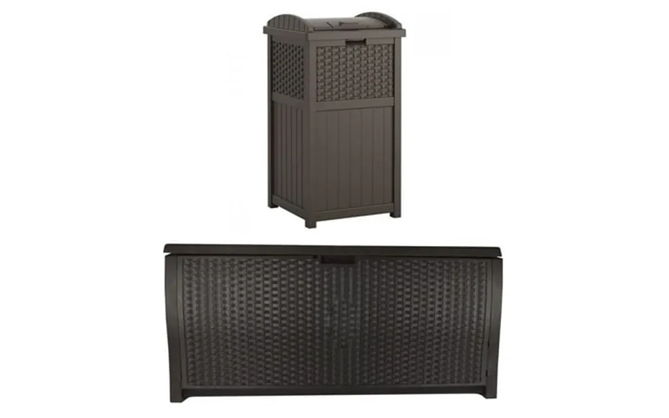 Suncast Trash Hideaway Resin Wicker Style Garbage Bin & 99 Gallon Deck Box Java