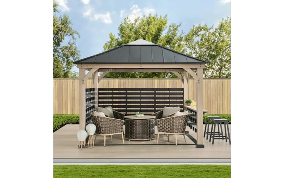 Sunjoy Cameron 11 Ft. X 11 Ft. Cedar Wood Framed Hot Tub Gazebo With Steel And Polycarbonate Hardtop And Bar Shelf Matte