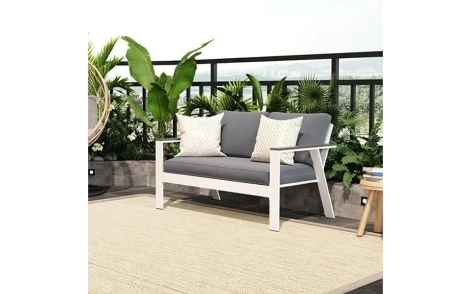 Superjoe Outdoor Aluminum Patio Loveseat Sofa Modern Metal Patio Seating With Wood Armrest White