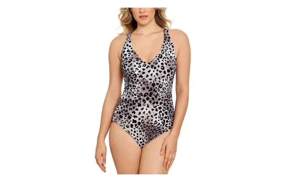 Swim Solutions Women S Beige Animal Print Stretch Allover Slimming Adjustable Lined Deep V Neck Full Coverage One Piece