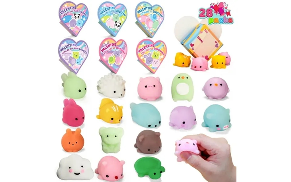Syncfun 28 Packs Valentine Mochi Squishy Toys With Heart Boxes For Kids Stress Relief Fidget Toys For Valentines Party F