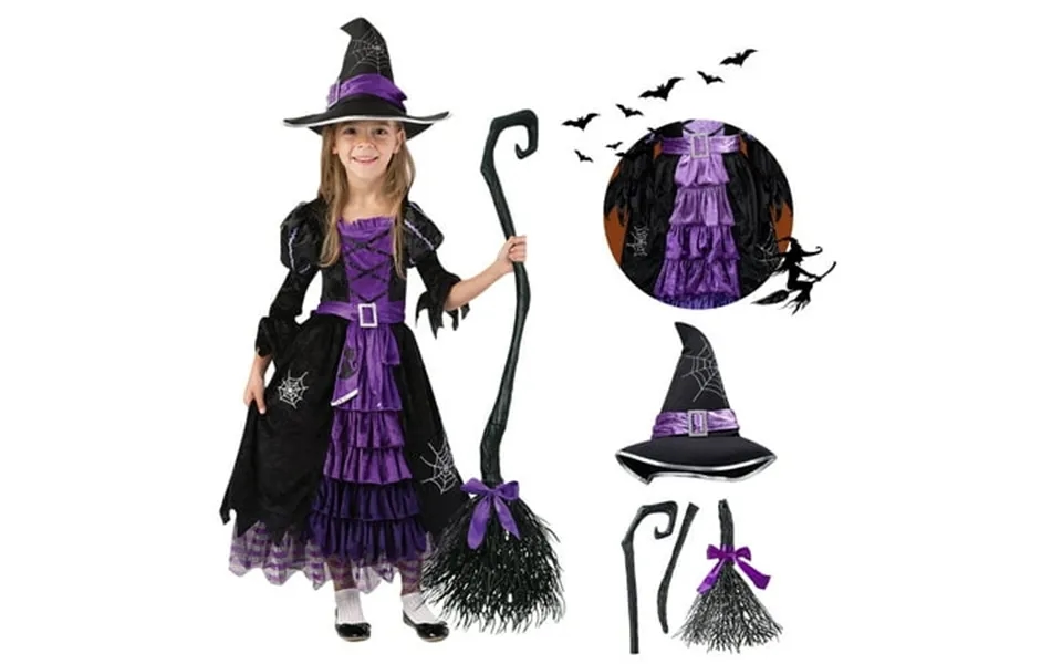 Syncfun Witch Costume Set For Girls Halloween Fancy-dress With Broom Hat For Toddler Kids Halloween Party Dress Up 3-14