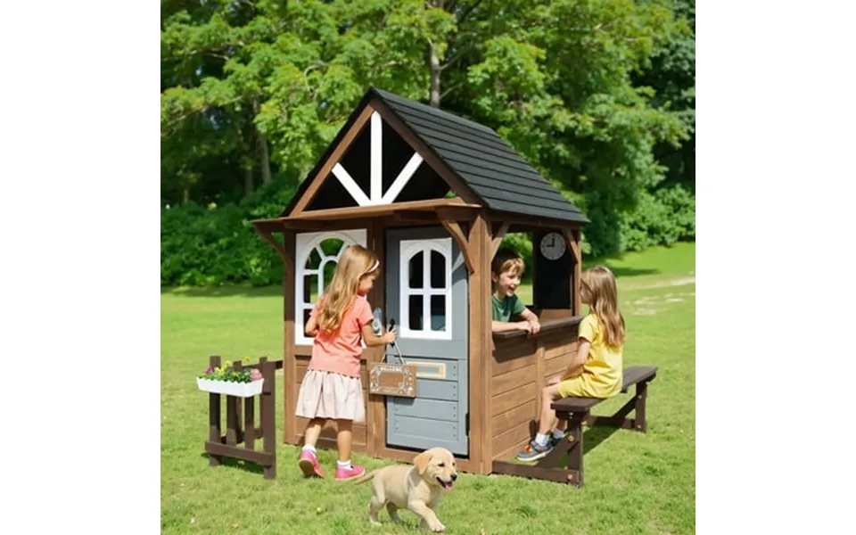 Syngar Outdoor Playhouses Large Wooden Kids Playhouse W Play Kitchen Snack Bar Camping Bench Outside Play House W Flower