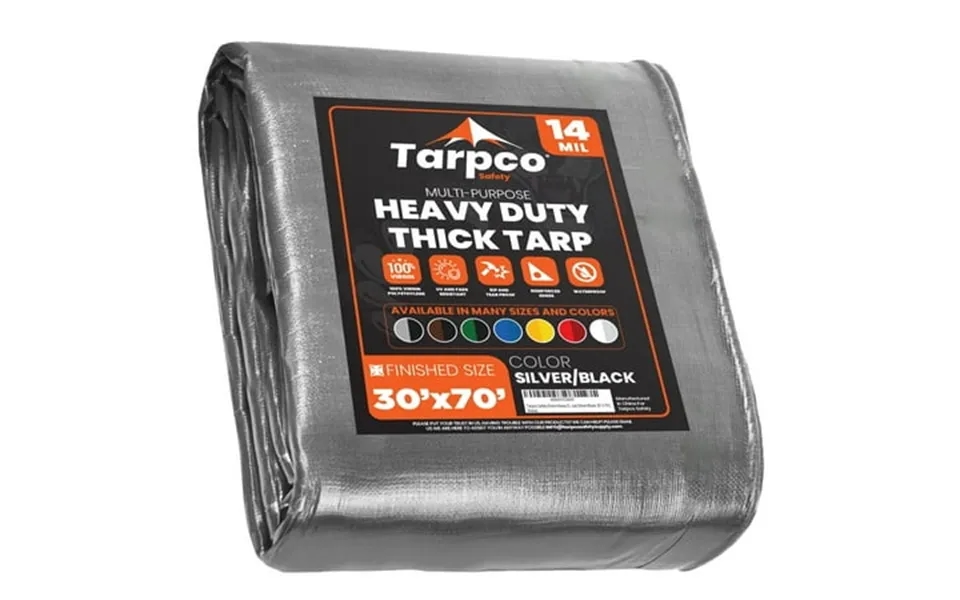Tarpco Safety 14 Mil Extra Heavy Duty Tarp Camping Tarpaulin Waterproof Cover Silver And Black 30 X 70 Ft