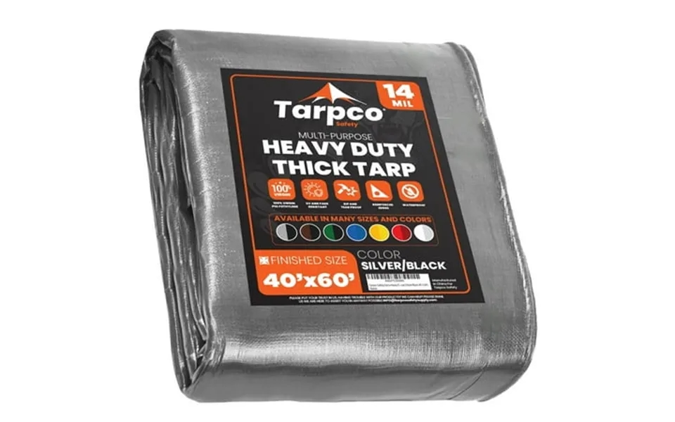 Tarpco Safety 14 Mil Extra Heavy Duty Tarp Camping Tarpaulin Waterproof Cover Silver And Black 40 X 60 Ft