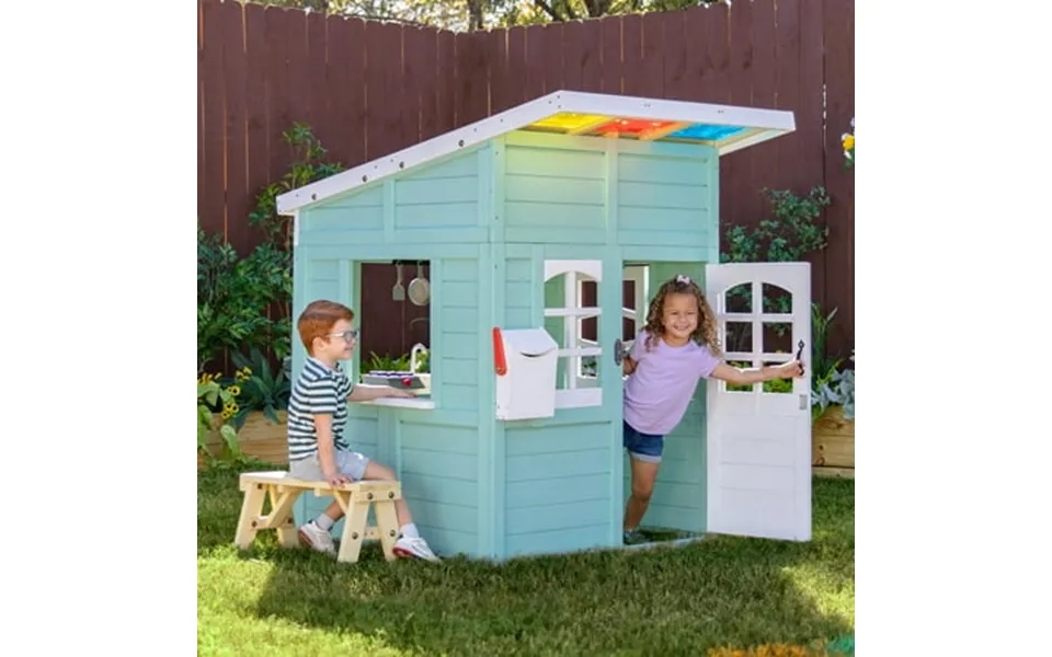 Teamson Kids Issac Wooden Playhouse With Kitchen Flower Box And Bench Blue