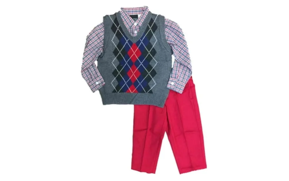 Tfw Toddler Boys Suit Gray Argyle Vest Plaid Shirt & Red Pants Set Outfit 2t