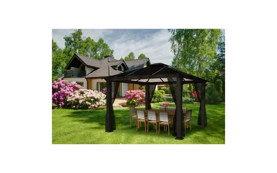 The 10x12 Santa Monica Aluminum Frame Hard Top Gazebo And A Twin Layer Aluminum Roof And Mosquito Netting