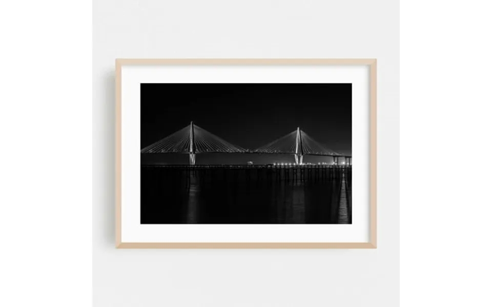 The Arthur Ravenel Bridge B&w - Charleston South Carolina Photography Oak Framed Wall Art Print 24 X 36 Inches