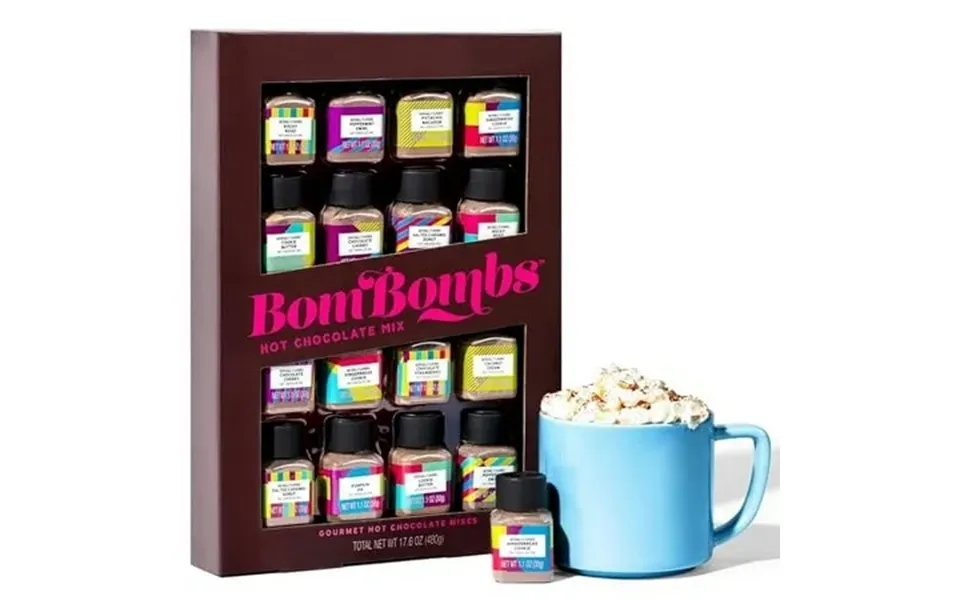 Thoughtfully Bombombs Hot Chocolate Mix Gift Set 16 Sampler Bottles Assorted Flavors Powdered Cocoa Drink Mix