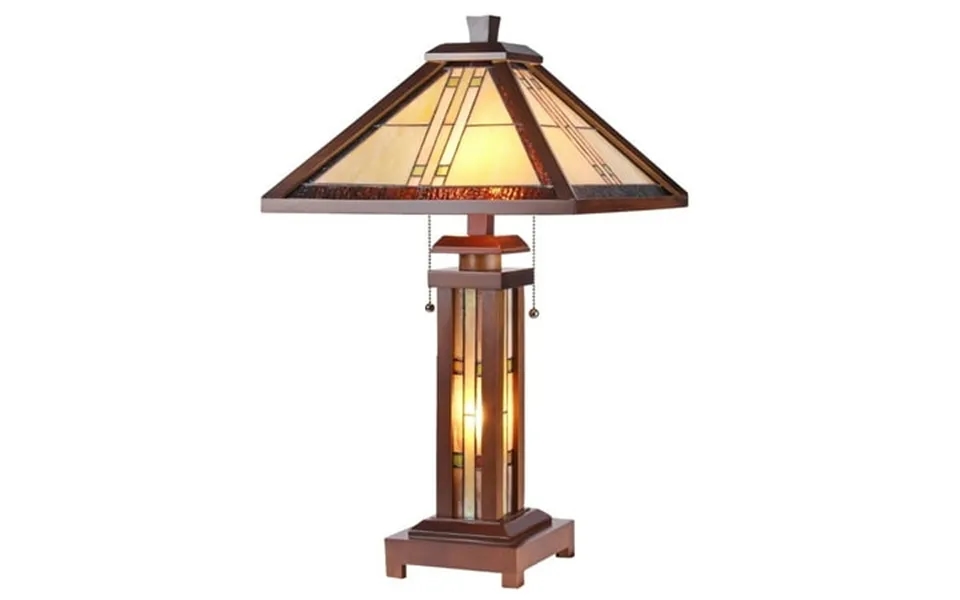Tiffany Style Double Lit Table Lamp With Hand Cut Glass Panels Brown