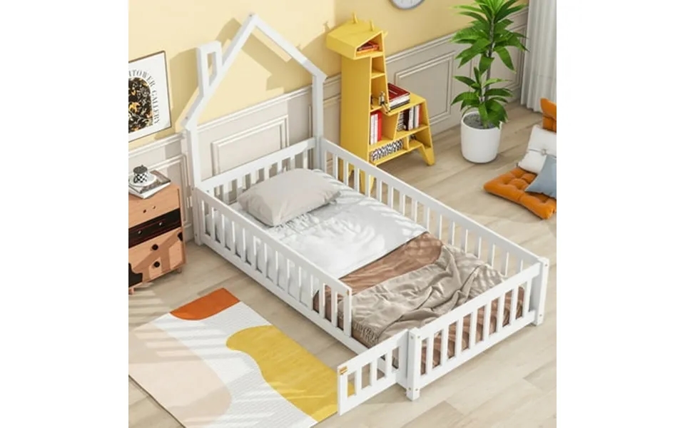 Toddler Floor Bed Btmway Twin Size Wood Floor Bed With House-shaped Headboards & Frences & No Slats Support Twin Size Mo