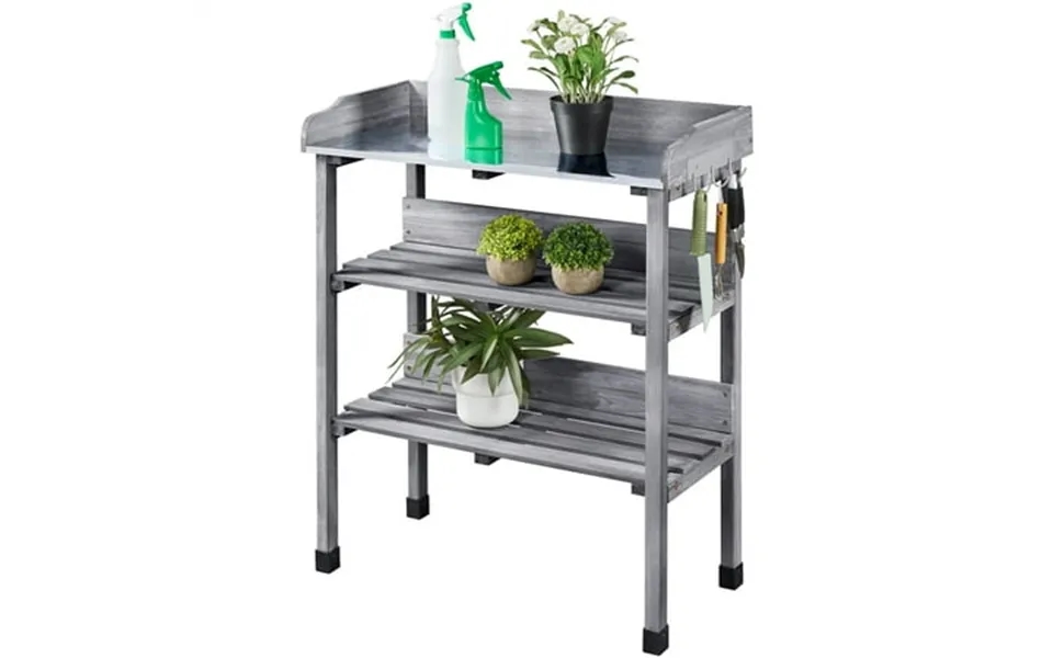 Topeakmart Outdoor Wooden Potting Bench Table Gardening Work Station With Storage Shelf And Hook Gray