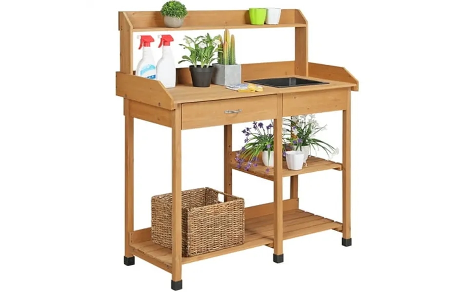 Topeakmart Potting Bench Table With Removable Sink Drawer Shelves For Outdoor Natural Wood