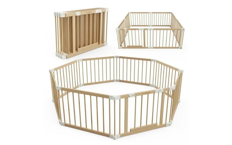 Touheart Wooden Baby Playpen Foldable Adjustable Play Yard With 8 Panels Natural Finish
