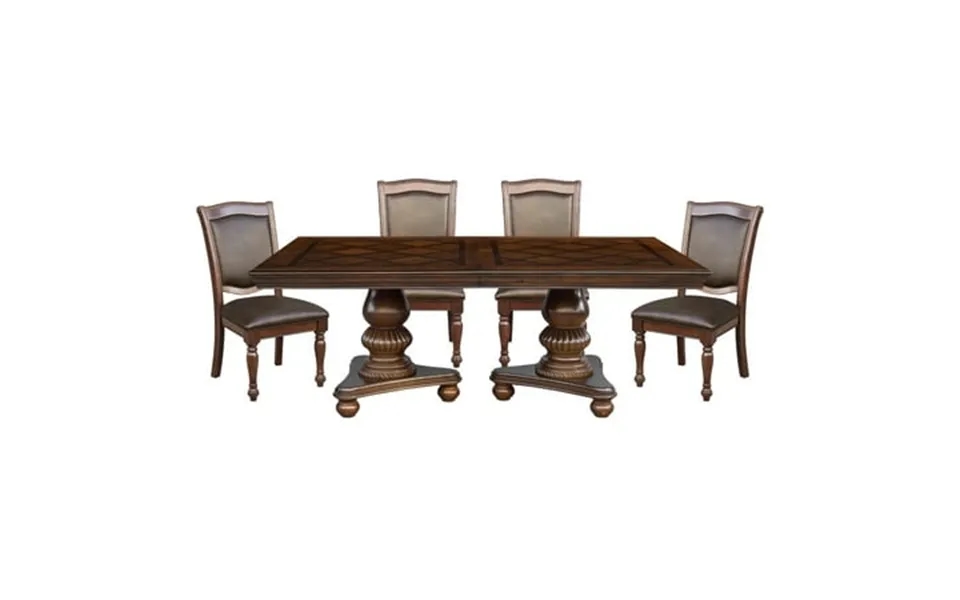 Traditional 5pc Set Double Pedestal Base Table 4 Side Chairs Brown Cherry Finish Dining Furniture