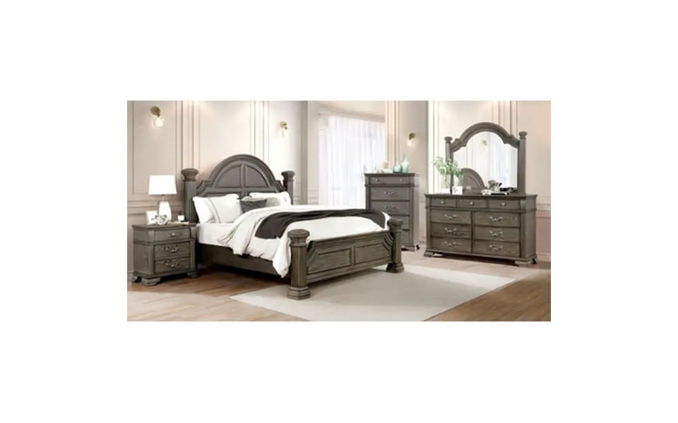 Traditional Antique Gray Solid Wood 4pc Bedroom Set Queen Size Bed Dresser Mirror Nightstand Reeded Posts Unique Design