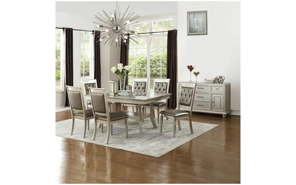 Traditional Formal Dining Table W Shelf 6x Side Chairs Tufted Back Seats Upholstered Kitching 7pc Silver Dining Room Fur