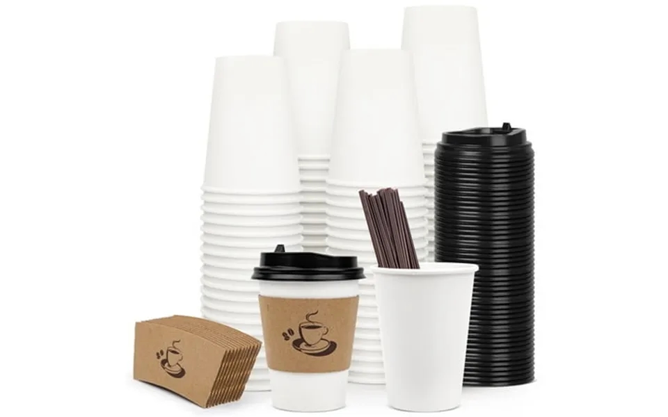 Treamon Disposable Paper Cups Hot Cups With Lids Sleeve Straw 12 Oz 50 Count Insulated