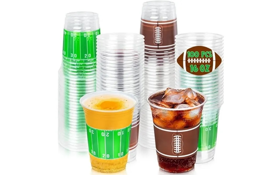 Treamon Football Plastic Cups Disposable Clear Printed Cups For Football Parties And Tailgate Events 16 Oz 100 Count