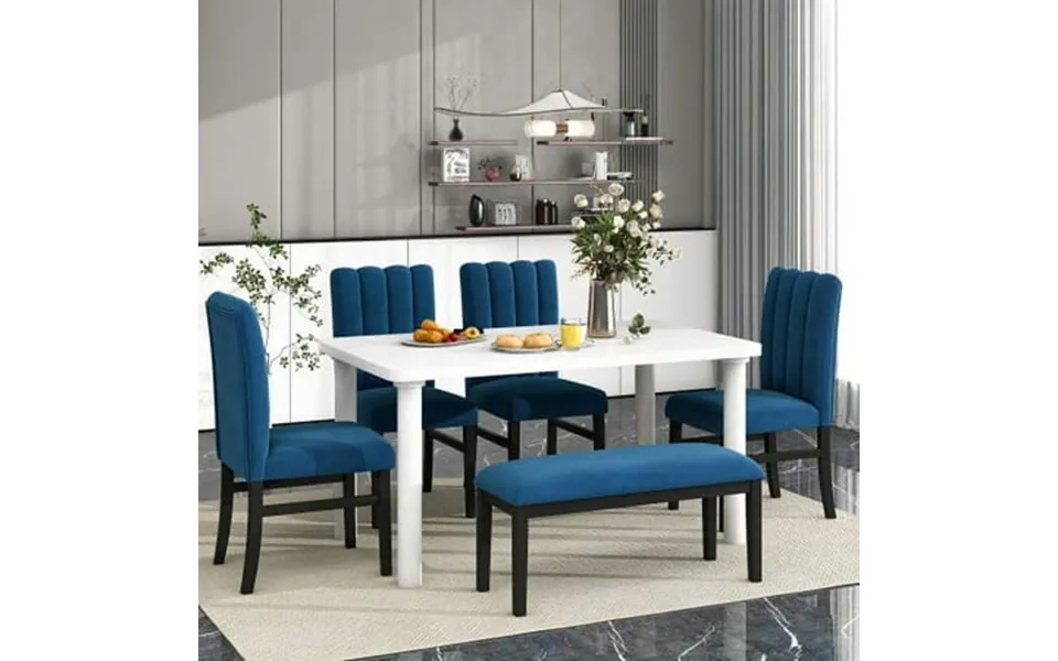 Trexm 6-piece Dining Table Set With Marble Veneer Table And 4 Flannelette Upholstered Dining Chairs & Bench White Blue
