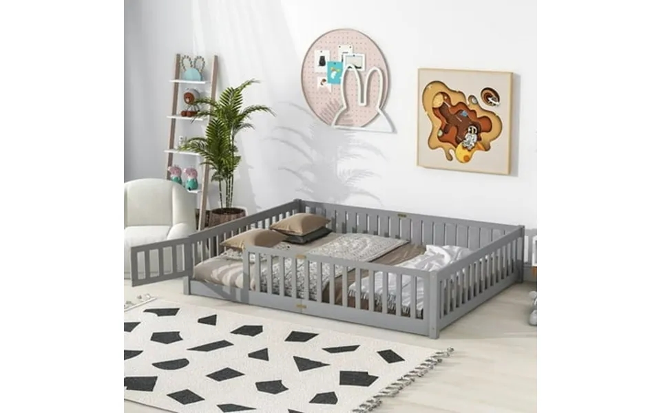 Triple Tree Kids Queen Pine Platform Bed With Fence & Slats Gray