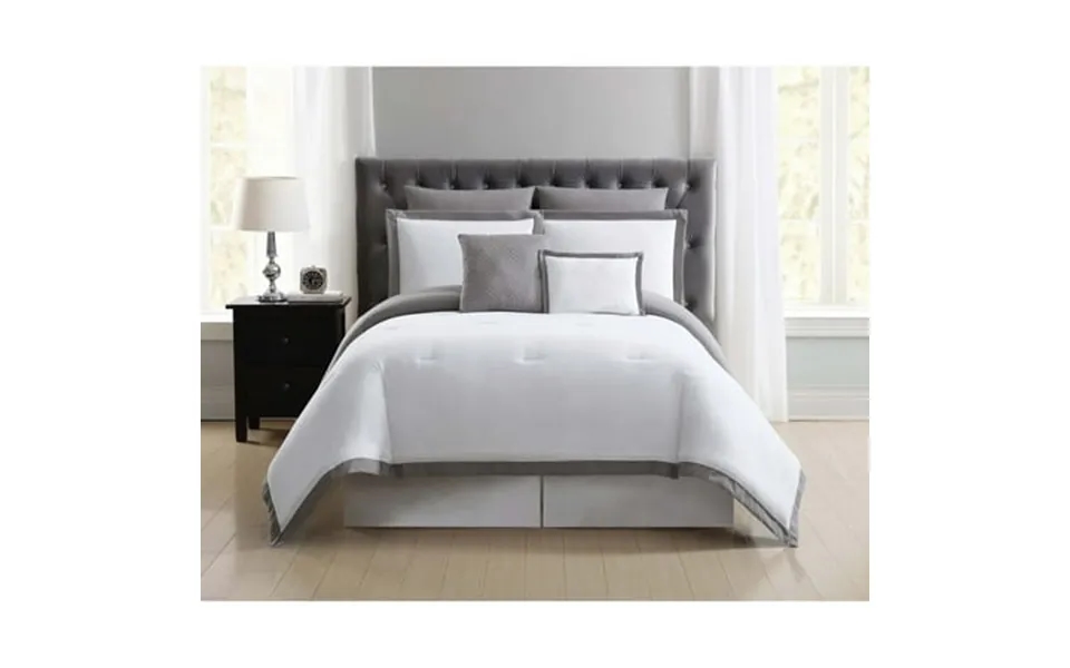 Truly Soft Everyday Hotel Border Duvet Set 7 Piece Full Queen White Grey