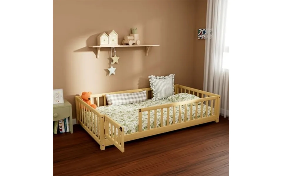 Twin Floor Bed Frame For Toddler Montessori Floor Bed With Fence And Wood Slats Low Wood Platform Beds For Girls Boys Ki