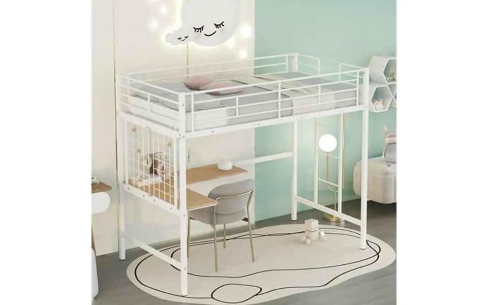 Twin Size Loft Bed Frame With L-shaped Desk And Metal Grid Metal Loft Bed With Ladder And Full-length Guardrail Space Sa