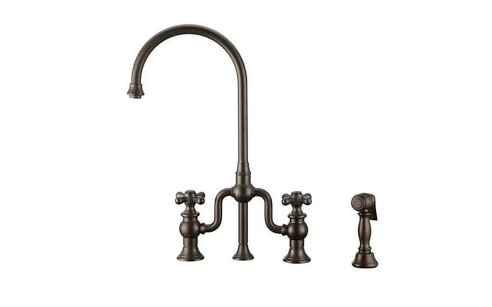 Twisthaus Plus Bridge Faucet With Gooseneck Swivel Spout Cross Handles And Solid Brass Side Spray