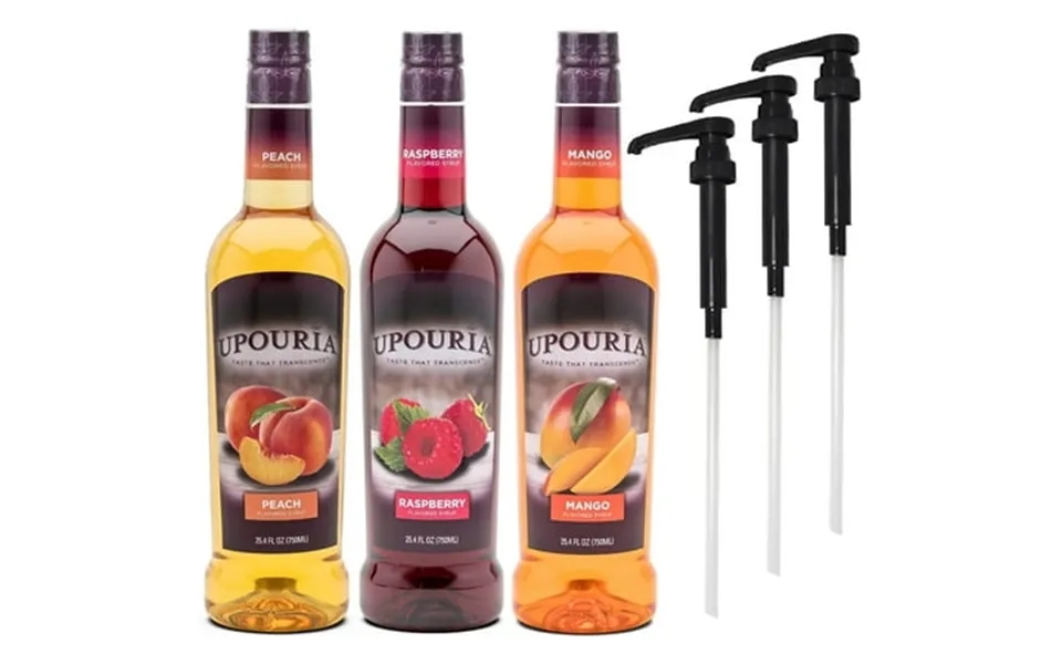 Upouria Coffee & Tea Syrup Variety Pack Raspberry Mango Peach Flavored 100% Vegan Gluten-free Kosher 750 Ml Bottles With