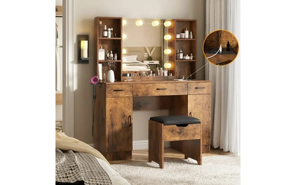 Veanerwood Adult Modern Makeup Organizer Charging Station And Led Lights Table Set White And Brown